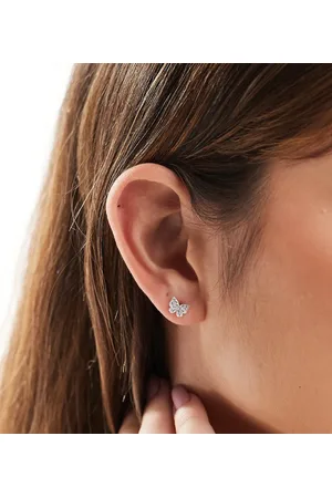 Kingsley Ryan Pendientes de botón de plata de ley con diseño de mariposa con cristales de -Plateado