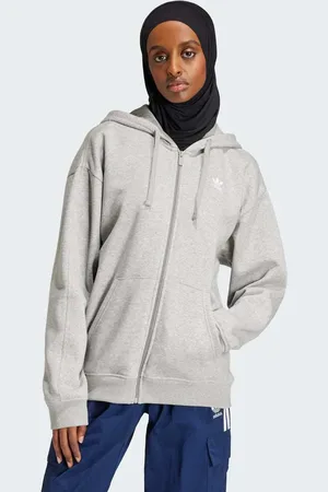 adidas Sudadera gris medio jaspeado con capucha y cremallera de felpa Essentials de