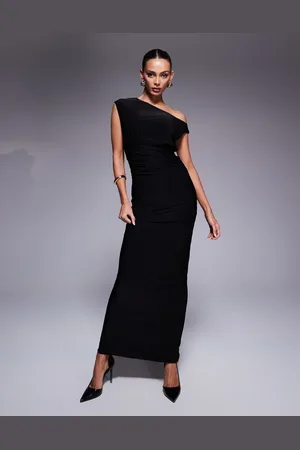 Fashionkilla Vestido largo ceñido, fruncido y moldeador sin mangas con escote asimétrico de