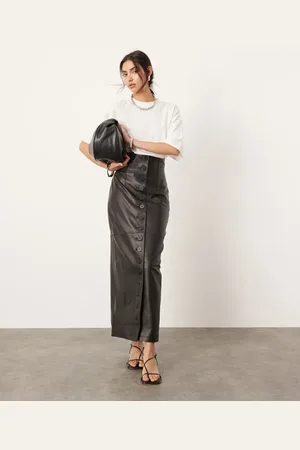 ASOS Falda larga negra de talle alto con detalle de botones de cuero suave de