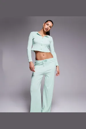 Kaiia Pantalones de pijama verde de pernera ancha de punto pointelle exclusivos de (parte de un conjunto)
