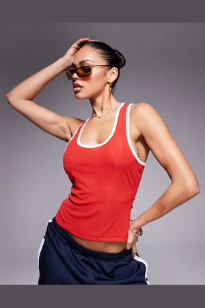 ASOS Camiseta roja acanalada sin mangas con ribetes en contraste y tacto seco de