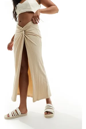 ASOS Pareo midi color con cintura retorcida y acabado texturizado de -Beis neutro