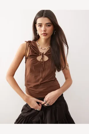 Monki Camiseta sin mangas con detalle fruncido, abertura y lazadas de