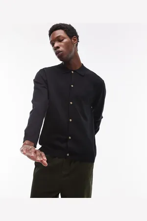 Topman Camisa negra de manga larga con patrón de croché de