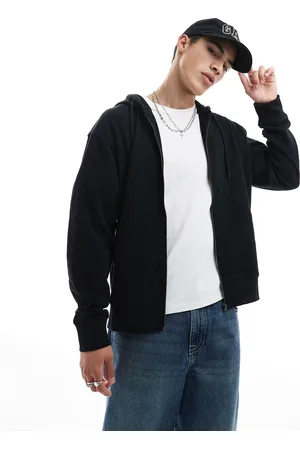 JACK & JONES Sudadera negra ultragrande con capucha y cremallera de