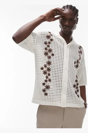 Topman Camisa color con bordado floral y cuello de solapas de croché de -Blanco