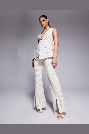 ASOS Pantalones color de bouclé con abalorios de (parte de un conjunto)-Blanco