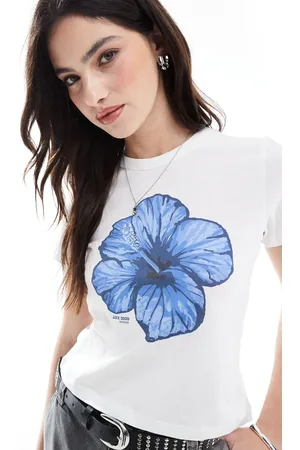 JJXX Camiseta blanca con diseño encogido y estampado de flor azul de -Blanco