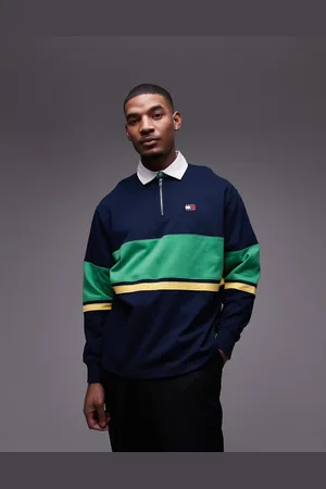 Tommy Hilfiger Top azul marino y verde de estilo rugby con diseño color block y cremallera de