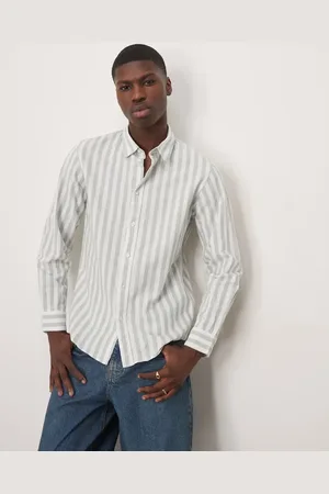 SELECTED Camisa a rayas verdes de corte slim de mezcla de lino de