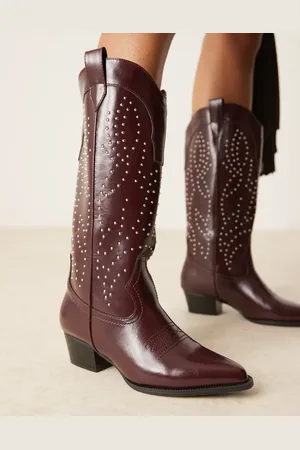 Glamorous Botas por la rodilla burdeos de estilo wéstern con tachuelas de -Rojo
