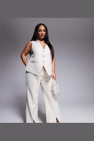ASOS Pantalones color de bouclé con abalorios de Curve (parte de un conjunto)-Blanco
