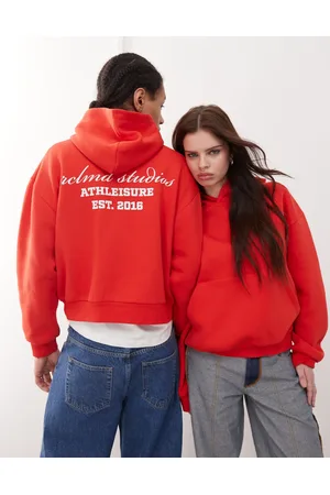 Reclaimed Sudadera roja unisex de corte cuadrado con capucha y logo de
