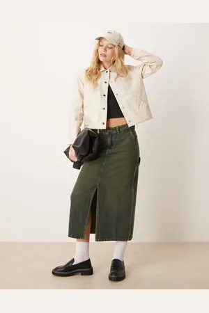 Dickies Falda vaquera larga de estilo carpintero con lavado verdoso y abertura delantera de
