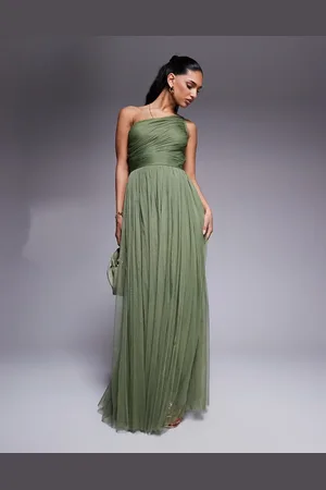Lace & Beads Vestido de dama de honor largo verde oliva pálido asimétrico de