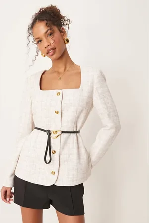 ASOS Americana blanco con cuello ancho y cinturón de bouclé de -Neutro