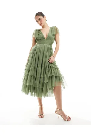 Lace & Beads Vestido de dama de honor midi verde oliva tenue Madison de