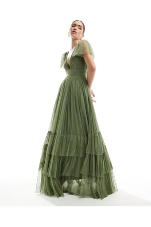 Lace & Beads Vestido de dama de honor largo verde oliva tenue Madison de