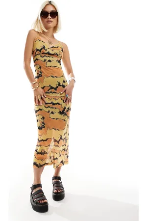 Noisy May Vestido midi naranja con estampado floral y capa superior de malla de