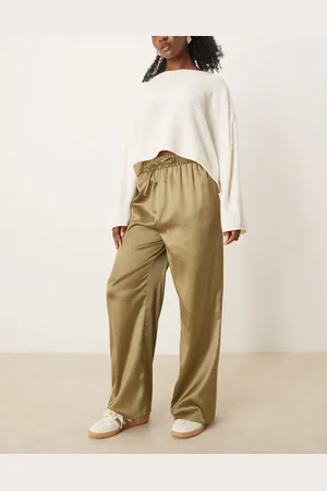 Miss Selfridge Pantalones verde de pernera ancha de satén de