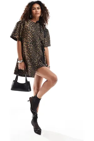 Ghospell Vestido corto con estampado de y detalle de lazo de tejido texturizado de -Multicolor