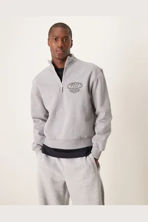 ASOS Sudadera gris jaspeado de corte cuadrado extragrande con estampado a tono y cremallera corta de tejido grueso de 400 g/m2 premium de