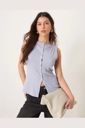 Abercrombie & Fitch Top azul de corte alargado con cuello barco y botones de canalé de