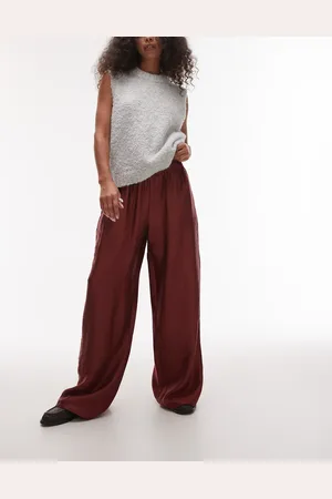 Topshop Pantalones burdeos de pernera recta con cordón ajustable de satén texturizado de -Marrón