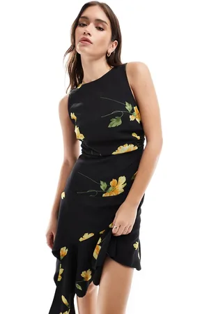 ASOS Vestido midi negro con amarillo y bajo asimétrico con volante de -Multicolor