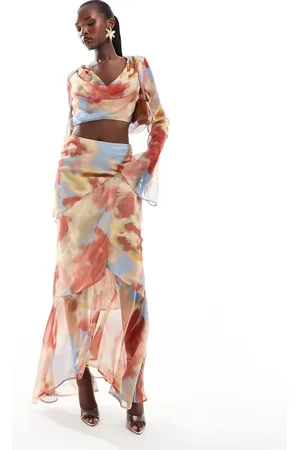 ASOS Falda larga de corte al bies con de chifón de (parte de un conjunto)-Multicolor