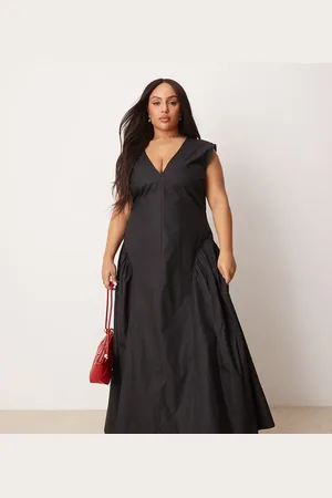 ASOS Vestido midi de corte depurado con cuello de pico y bajo de godets plisados de ASOS DESIGN Curve-Verde