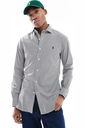 Ralph Lauren Camisa de vestir negra y blanca a rayas de corte slim con cuello de solapas alzado y logo de popelina Icon de -Negro