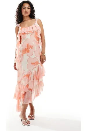 ASOS Vestido midi con estampado floral efecto acuarela, bordes sin rematar, bajo de volantes de dos capas y detalles colgantes de -Multicolor