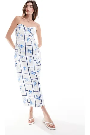 ASOS Vestido midi azul con escote palabra de honor y estampado de flores y mosaico de sarga de -Multicolor