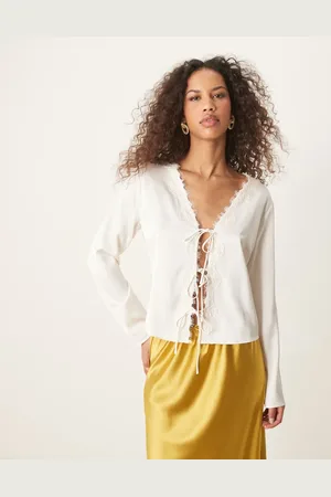 Abercrombie & Fitch Top color de manga larga con lazada delantera de encaje de -Blanco