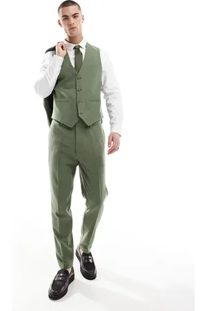 ASOS Pantalones de traje verdes de corte tapered con patrón de espiga de mezcla de lana de