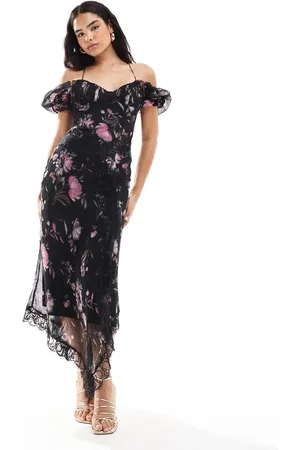 ASOS Vestido midi oscuro de estilo mesonera con estampado floral y ribetes de encaje de -Multicolor