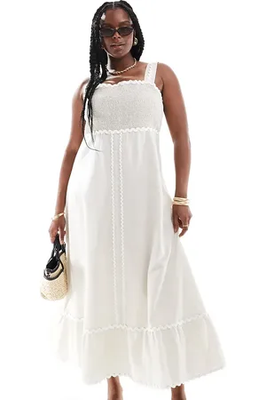 ASOS Vestido veraniego midi color con ribetes ondulados en contraste de lino de ASOS DESIGN Curve-Beis neutro