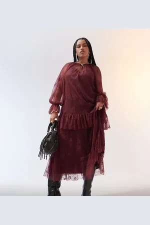 ASOS Vestido largo con detalle de volantes de encaje de ASOS DESIGN Curve-Rojo
