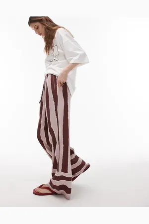 Topshop Pantalones de pernera recta de a rayas efecto pincelada con vuelta ancha de lino de -Rojo