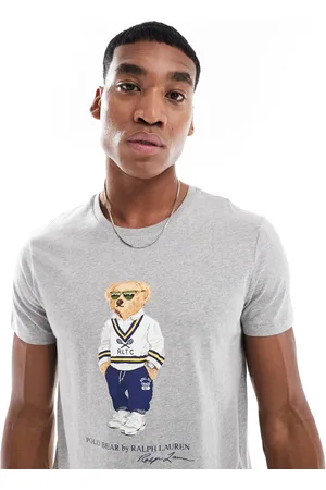Ralph Lauren Camiseta gris jaspeado de corte custom con estampado de oso clásico de