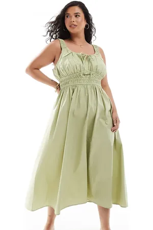 ASOS Vestido veraniego midi verde de tirantes anchos con cintura fruncida de ASOS DESIGN Curve-Multicolor