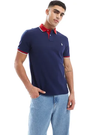 Ralph Lauren Polo azul marino de corte custom con ribetes rojos y logo de icono de piqué de