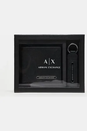 Armani Exchange Cartera negra plegable con logo de cuero de