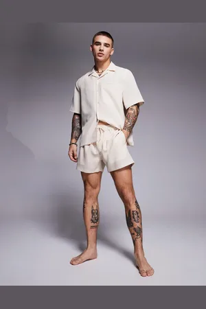 ASOS Shorts de baño cortos color de tejido efecto lino de (parte de un conjunto)-Neutro