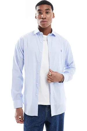 Ralph Lauren Camisa de vestir azul y blanca a rayas de corte slim con cuello de solapas alzado y logo distintivo de popelina de