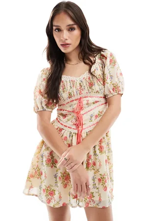 ASOS Vestido corto estilo mesonera con estampado vintage y detalle de lazo de -Multicolor