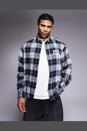 ASOS Camisa a cuadros de corte cuadrado extragrande con estampado en el pecho y la espalda de