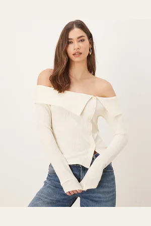 Gina Tricot Top color de manga larga con escote Bardot y botones delanteros de canalé de -Blanco